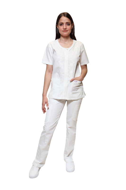 Conjunto SET Filipina y Pantalón KA-80 RAMILLETE -Color BLANCO Dama-KAREN MEDICAL FASHION
