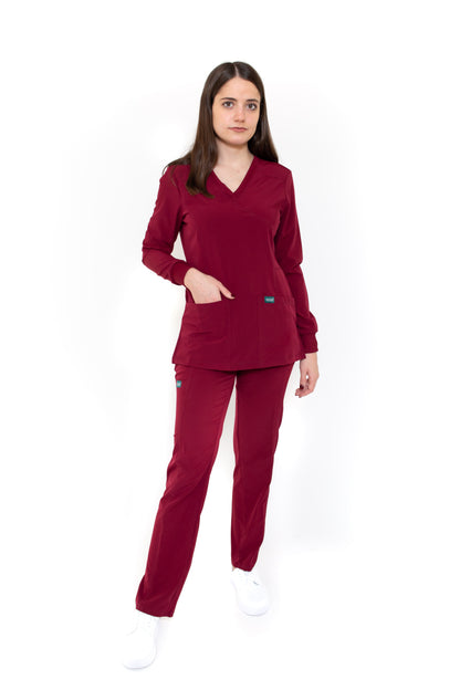Conjunto SET Filipina MANGA LARGA y Pantalón EV-16 Tatita REPELENTE A FLUIDOS-Color VINO Dama-Ana Isabel Uniformes