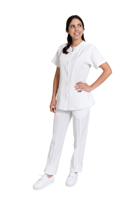 Conjunto SET Filipina y Pantalón EV-08 Piola REPELENTE A FLUIDOS-Color BLANCO Dama-Ana Isabel Uniformes