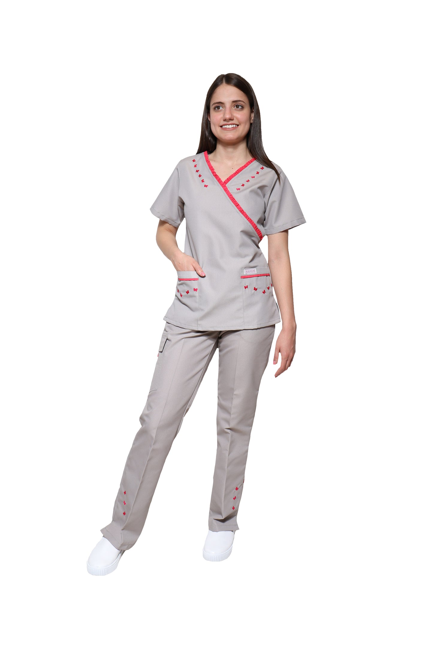Conjunto SET Filipina y Pantalón KA-56 MARIPOSITAS -Color GRIS/FIUSHA- Dama- KAREN MEDICAL FASHION